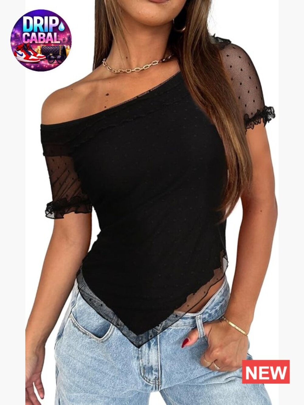 Off Shoulder Ruffle Sheer Mesh Top Short Sleeve Asymmetrical T-Shirt